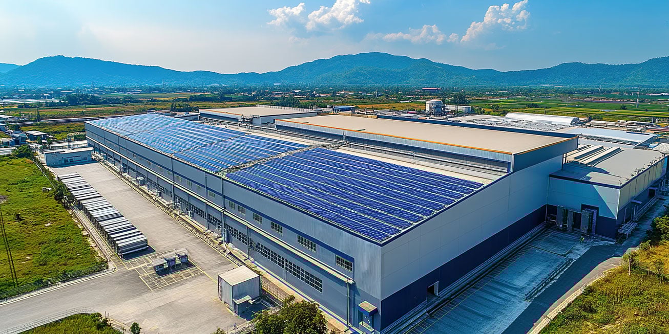 Warehouse with solar panel installation on roof.